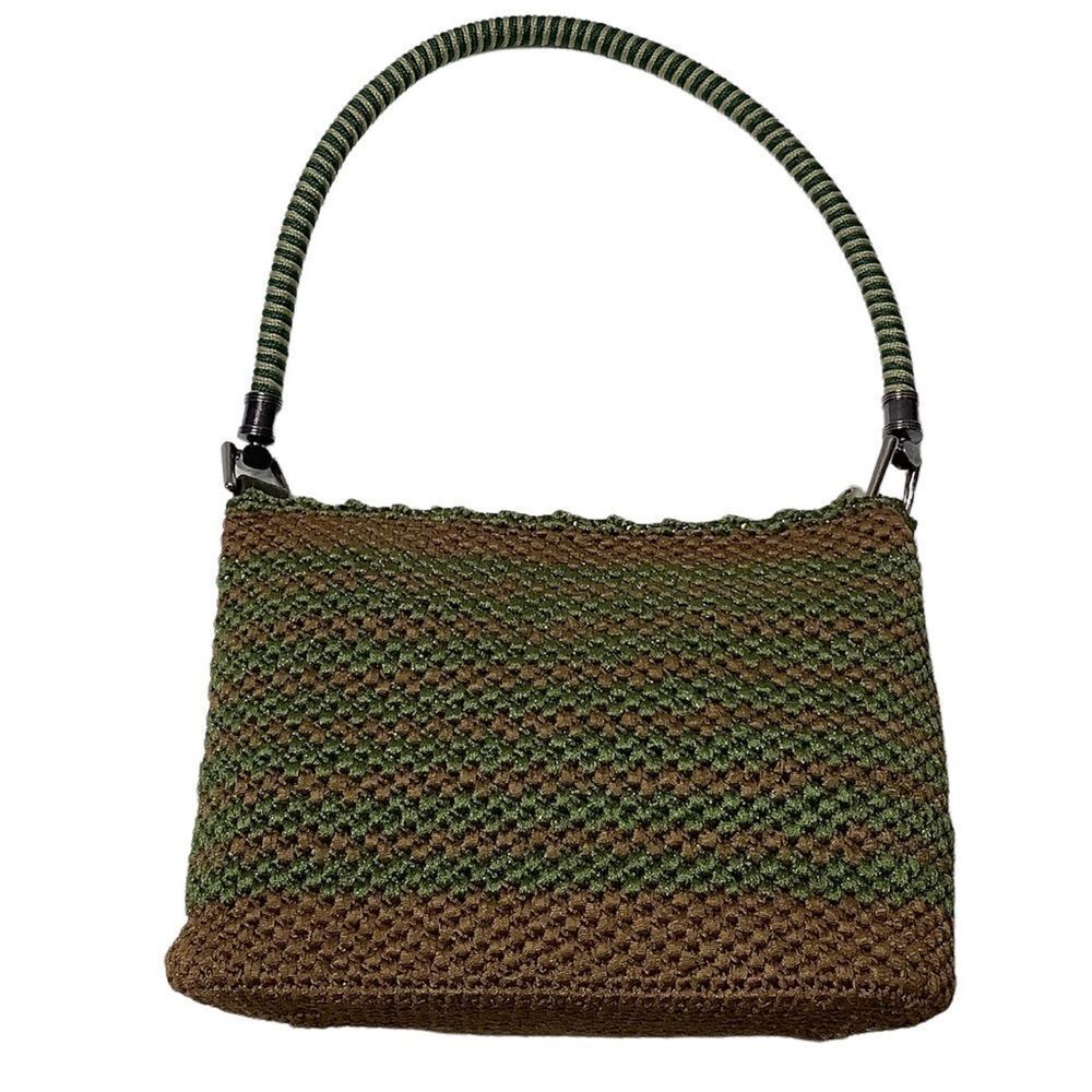Vintage Unbranded Olive Green/Brown Knit Small Shoulder Baguette Bag